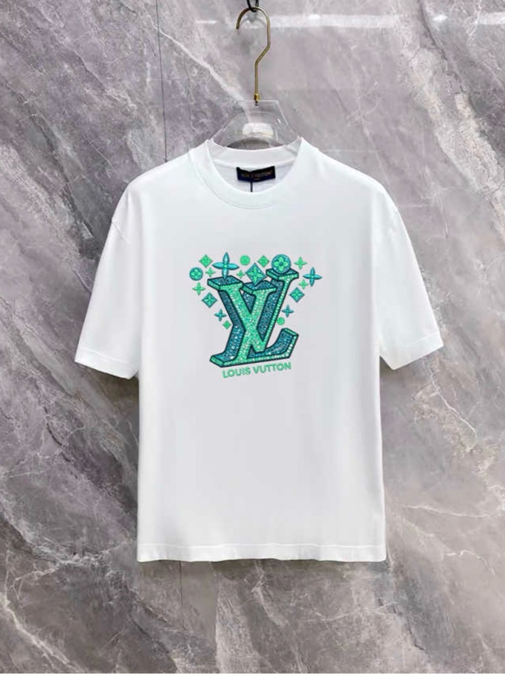 Louis Vuitton White Short Sleeve Tee with Green LV Graphic